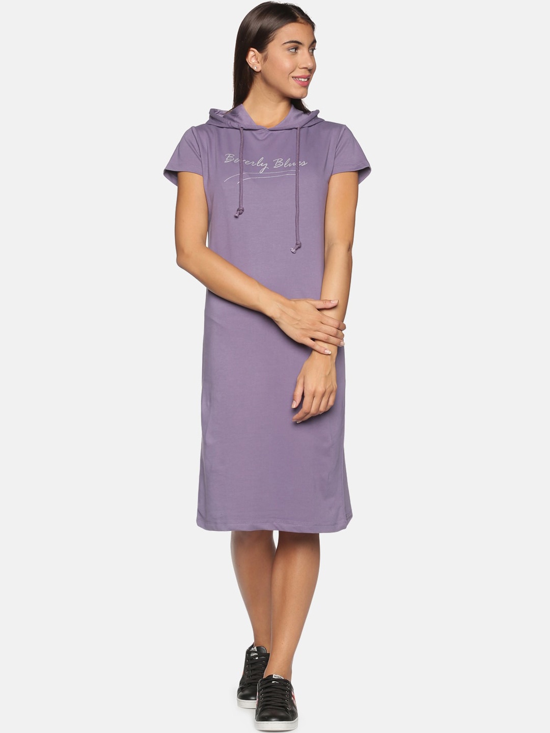 

BEVERLY BLUES Women Purple Typography Printed Hooded A-Line Dress
