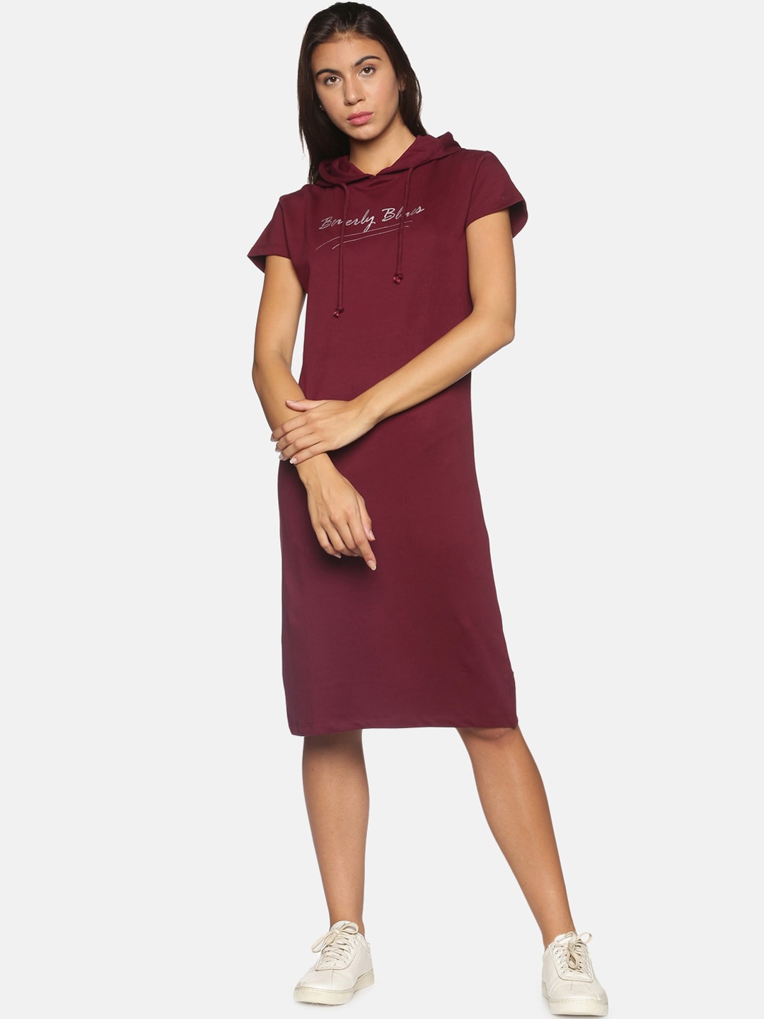 

BEVERLY BLUES Women Maroon hooded T-shirt Dress