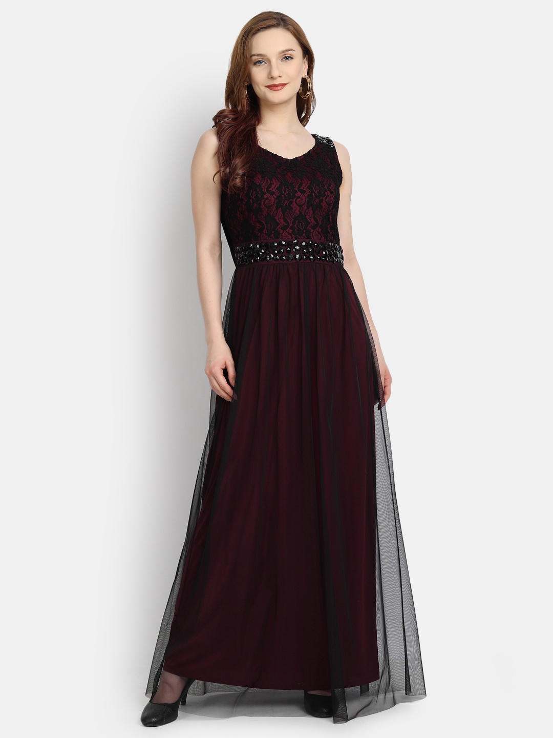 

LY2 Women Black Embellished Lace Net Maxi Dress