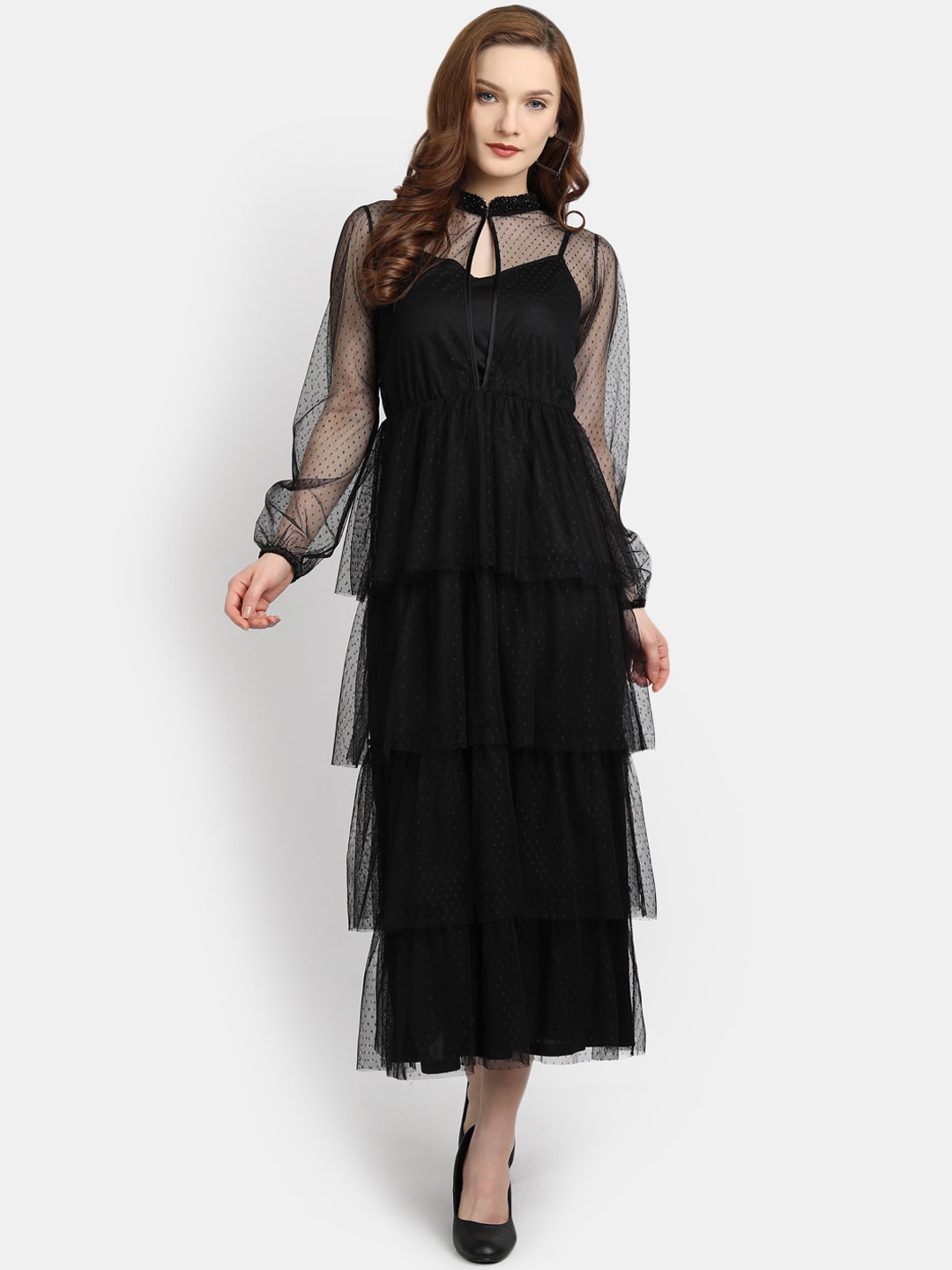 

LY2 Women Black Layered Net Maxi Length Fit & Flare Dress