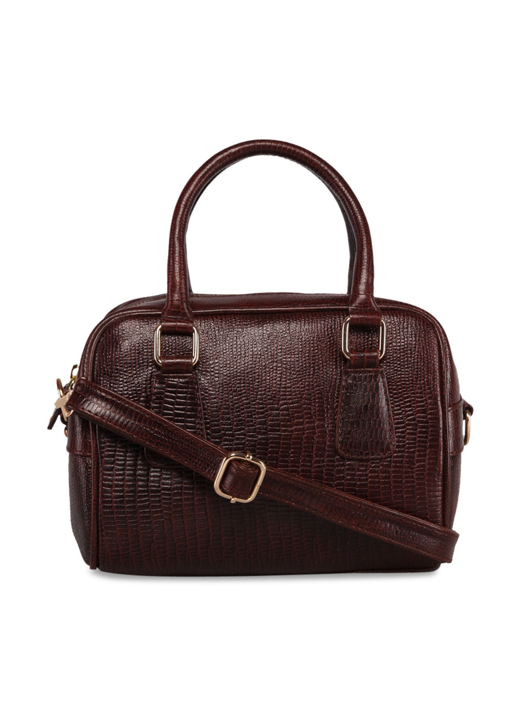 

GENWAYNE Brown Textured Leather Structured Handheld Bag with Detachable Sling Strap