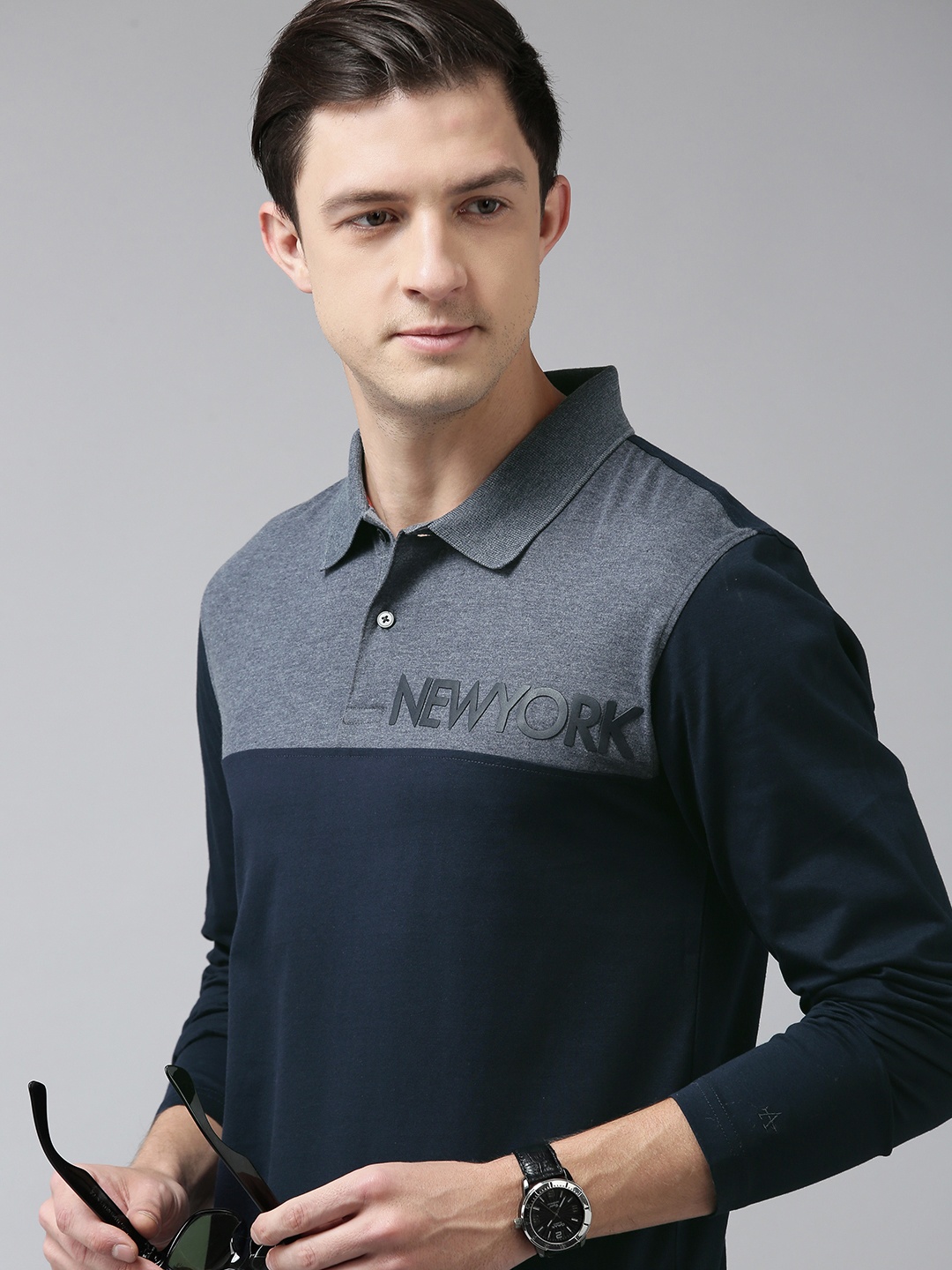 

Arrow New York Men Navy Blue Typography Printed Polo Collar T-shirt