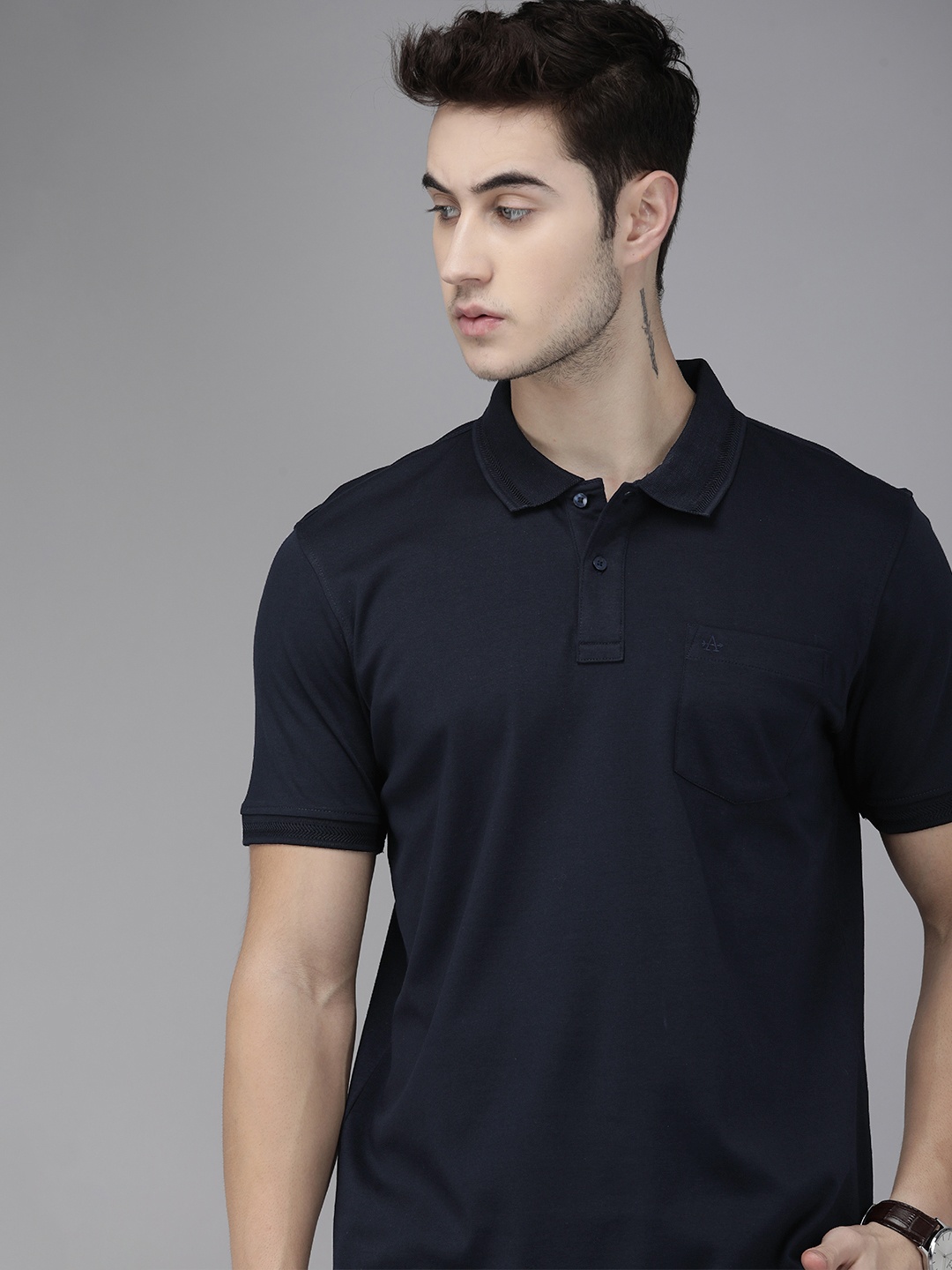 

Arrow Men Navy Blue Solid Polo Collar Pure Cotton T-shirt