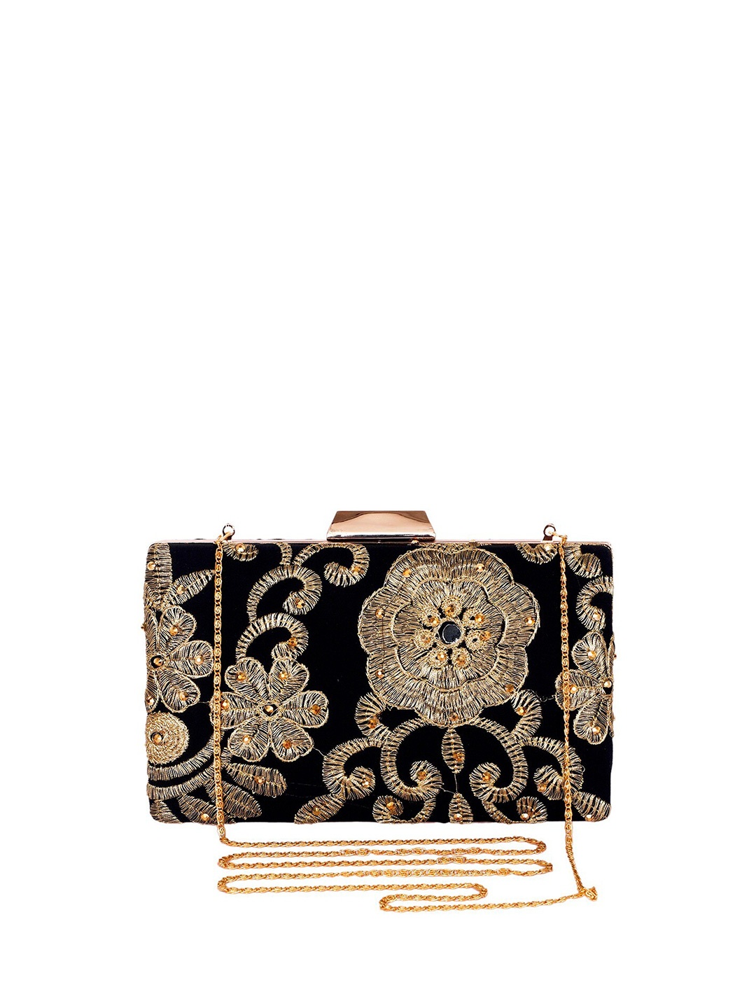 

REZZY Black & Gold-Toned Embroidered Box Clutch