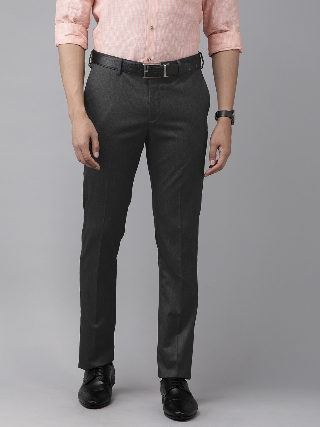 

Arrow Men Charcoal Grey Self Design Tailored Fit Formal Trousers