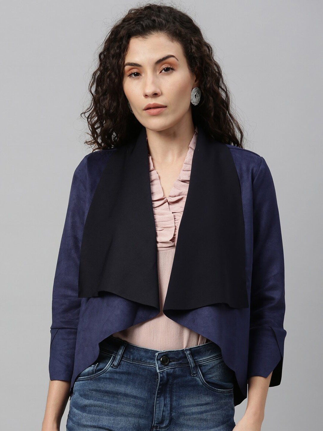 

RAREISM Women Navy Blue & Black Asymmetric Shrug