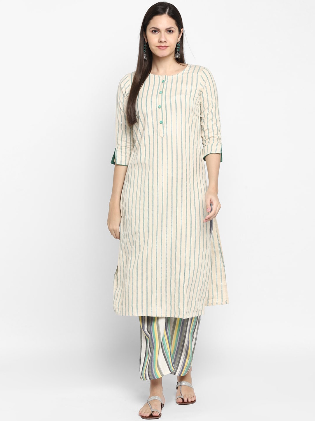

VAABA Women Cream-Coloured Striped Kurta with Palazzos