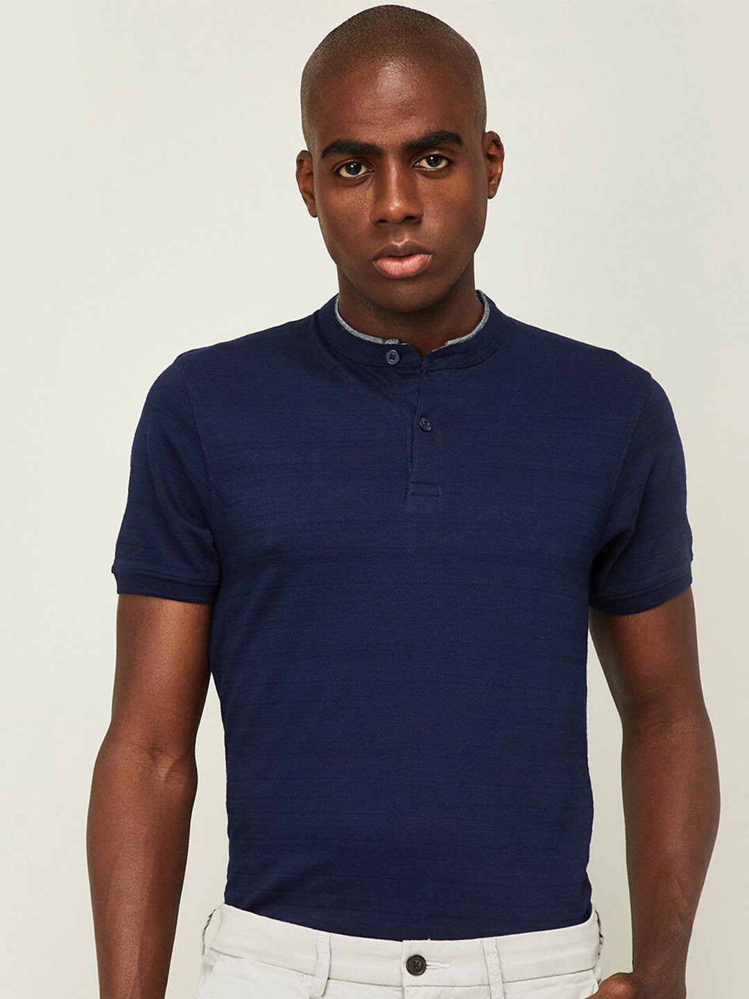 

CODE by Lifestyle Men Navy Blue Mandarin Collar Cotton T-shirt