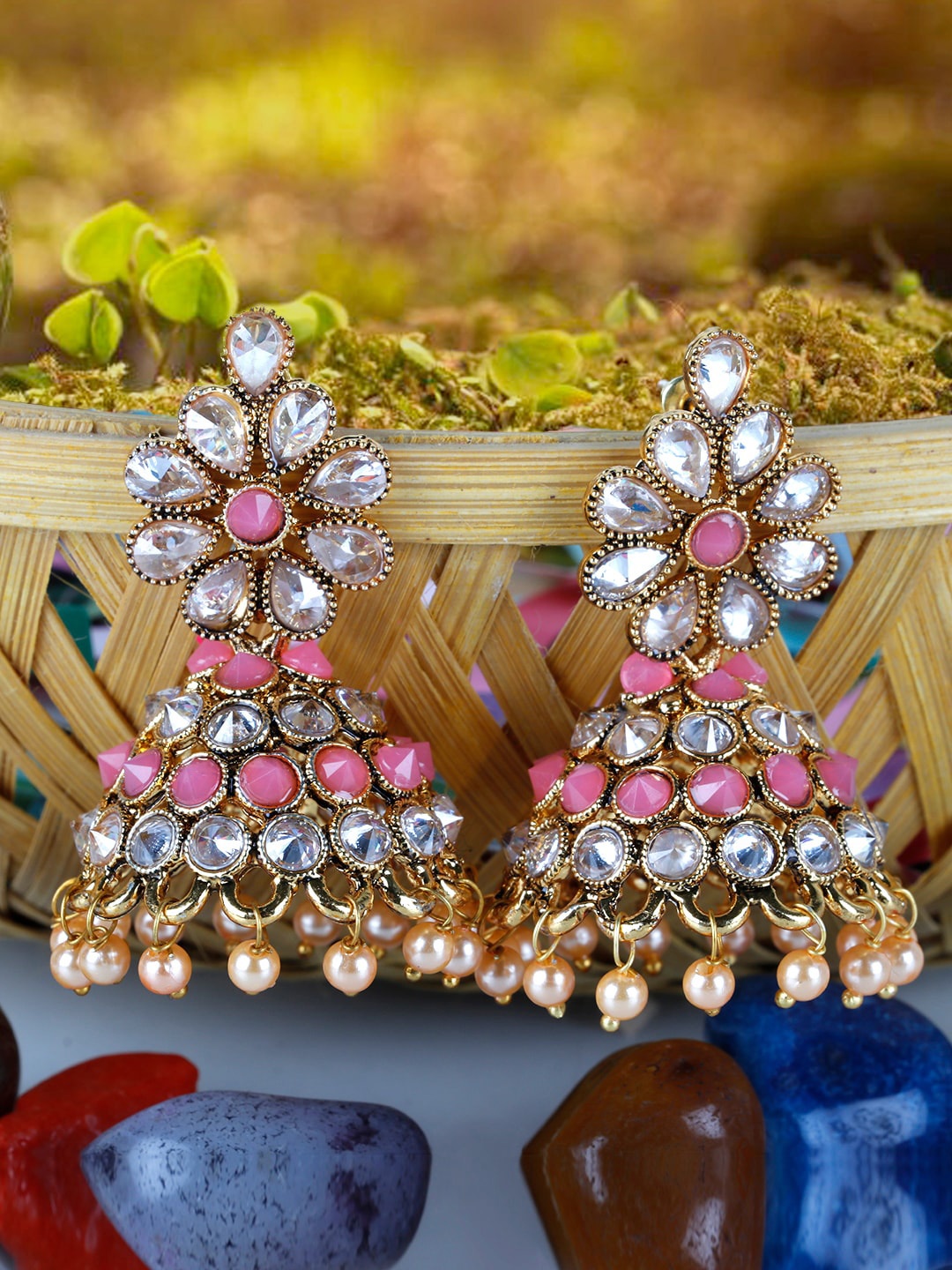 

Priyaasi Pink & Gold-Toned Dome Shaped Jhumkas Earrings