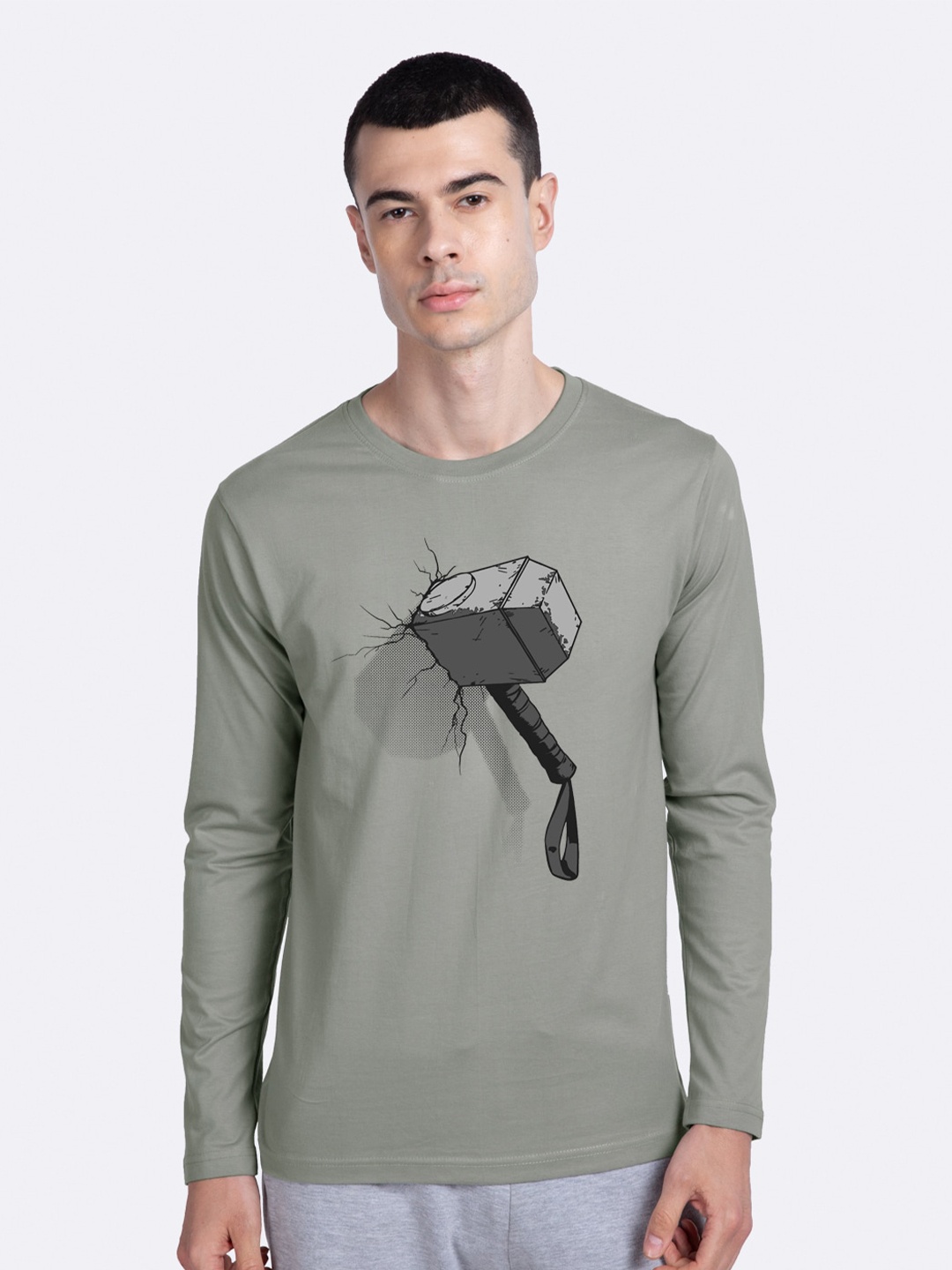 

Bewakoof Men Grey Printed Raw Edge Thor Hammer T-shirt