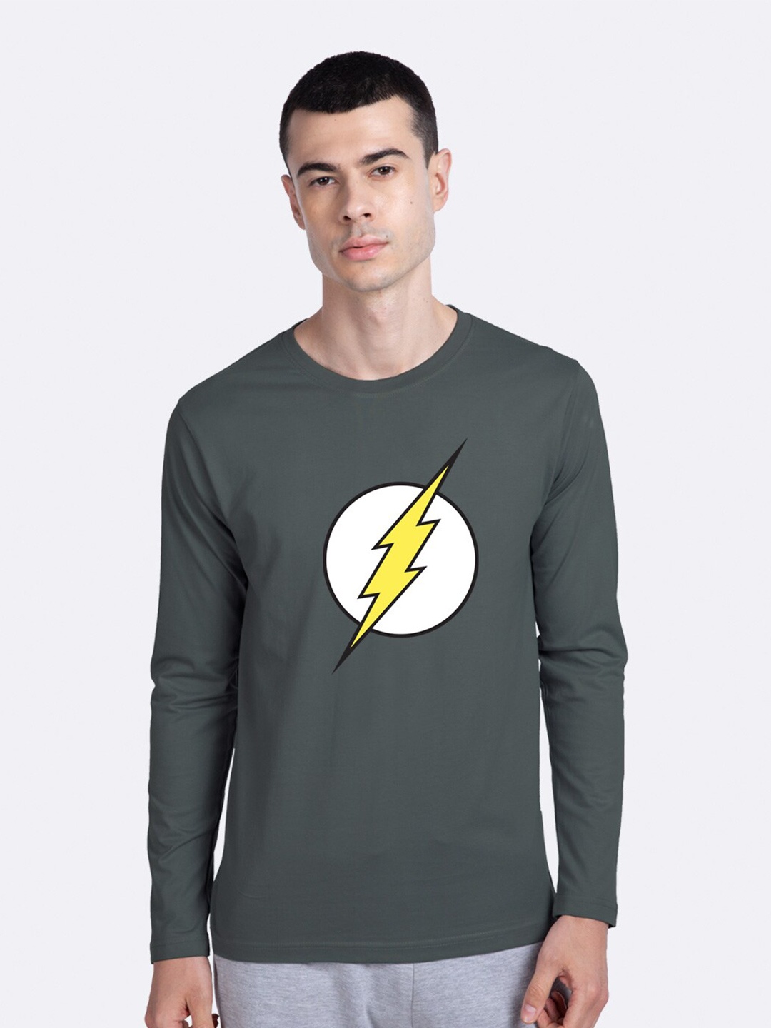 

Bewakoof Men Grey Flash Logo Printed Round Neck Cotton Pure Cotton T-shirt