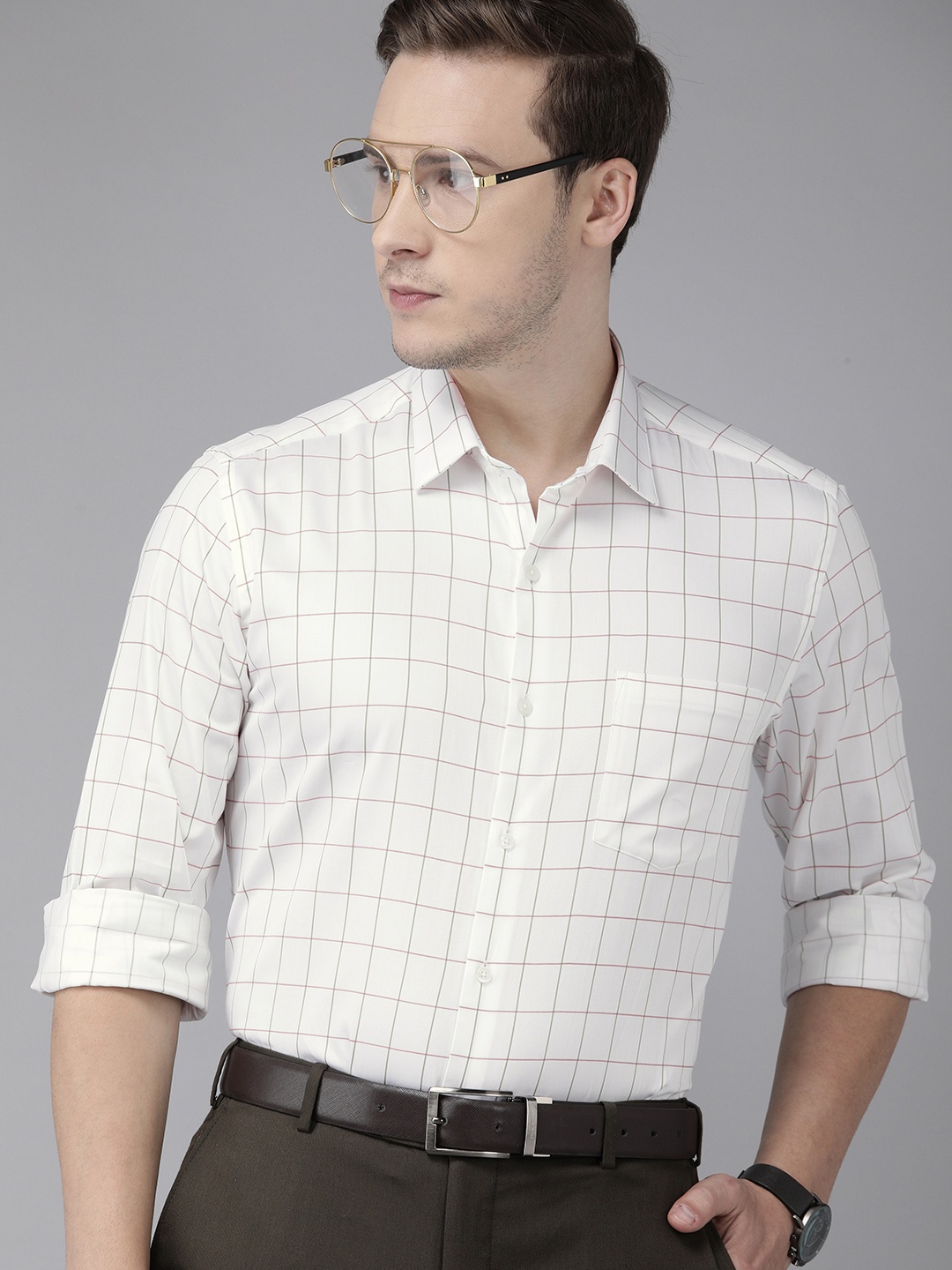 

Arrow Men White & Green Pure Cotton Slim Fit Windowpane Checks Semiformal Shirt