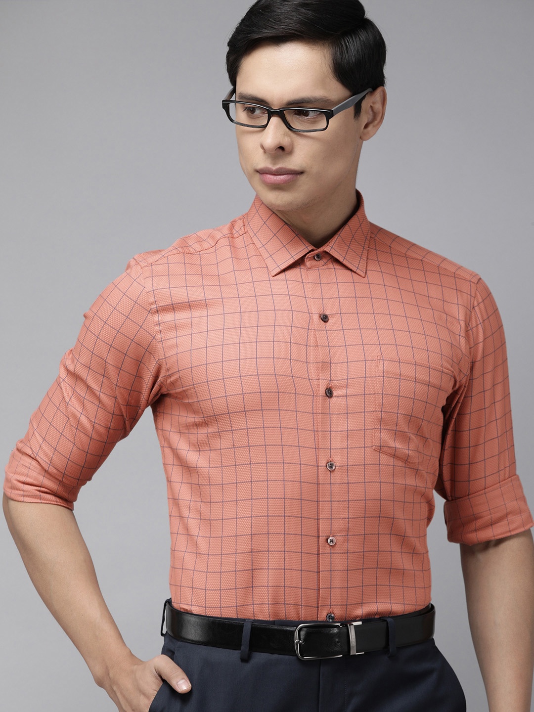 

Arrow Men Orange Slim Fit Windowpane Checks Semiformal Pure Cotton Shirt