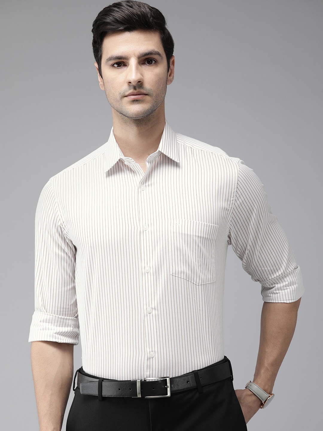 

Arrow Men White Pinstriped Opaque Pure Cotton Formal Shirt