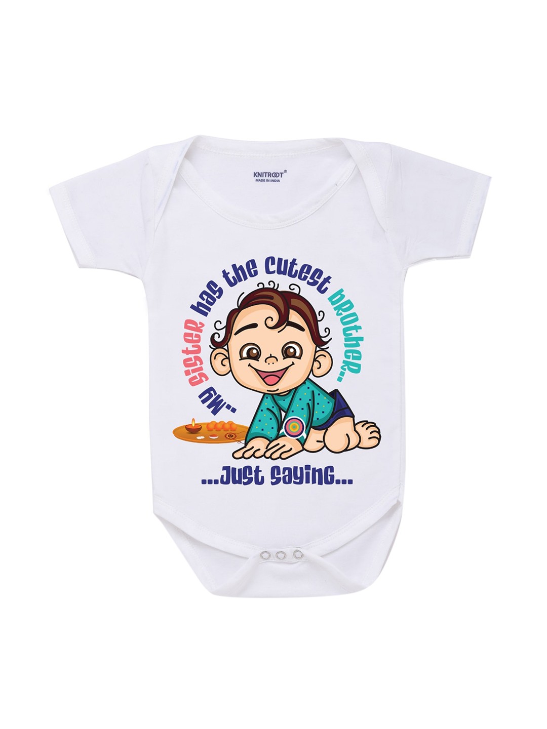 

KNITROOT Infants Kids White & Blue Cutest Brother Printed Cotton Bodysuit