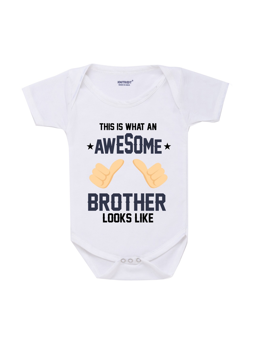 

KNITROOT Infant Kids White & Navy Blue Awesome Brother Printed Cotton Bodysuit