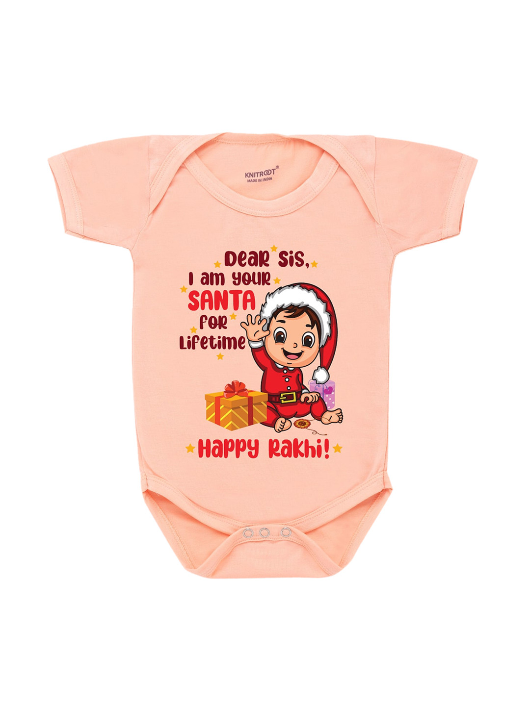 

KNITROOT Rakhi Collection Infant Boys Peach-Coloured & Red Cotton Santa Print Bodysuit