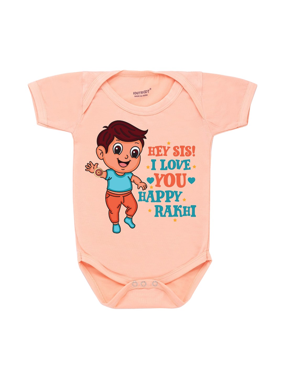 

KNITROOT Rakhi Collection Infant Boys Peach-Coloured & Blue Cotton Printed Bodysuit