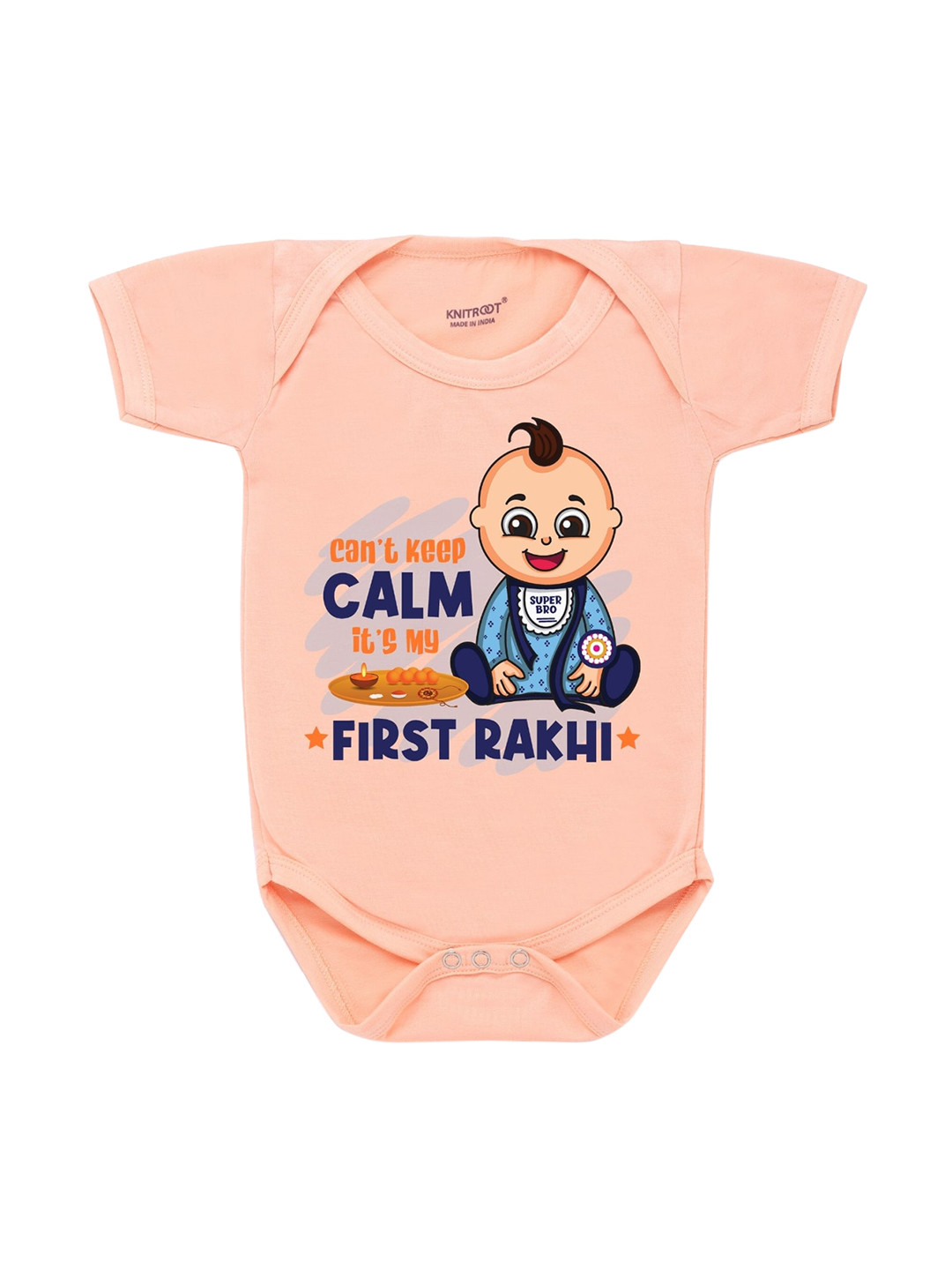 

KNITROOT Rakhi Collection Infant Boys Peach-Coloured & Navy Cotton Printed Bodysuit
