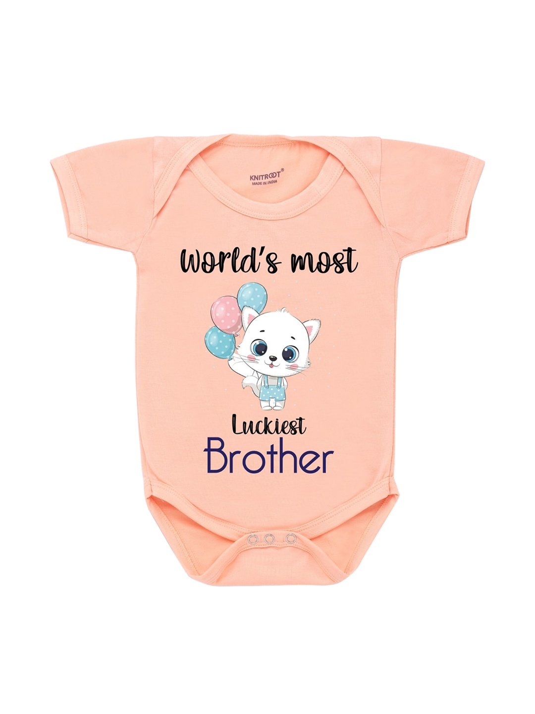 

KNITROOT Rakhi Collection Infant Boys Peach-Coloured & White Cotton Cat Print Bodysuit