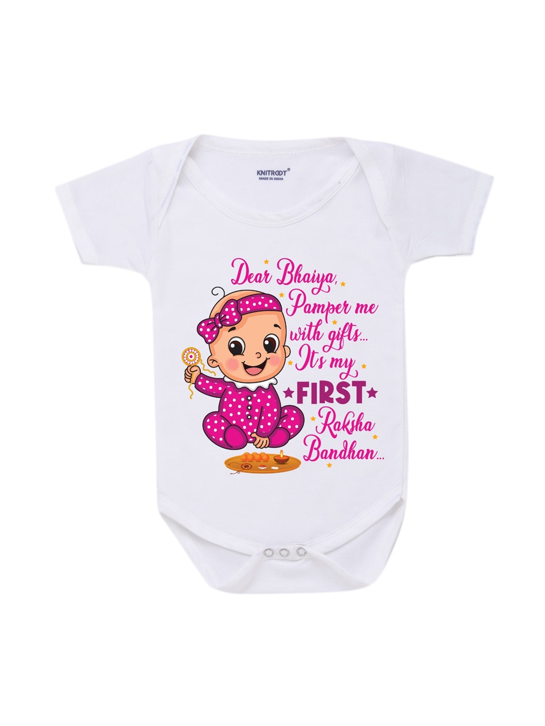 

KNITROOT Rakhi Collection Infant Girls White & Pink Cotton Printed Bodysuit