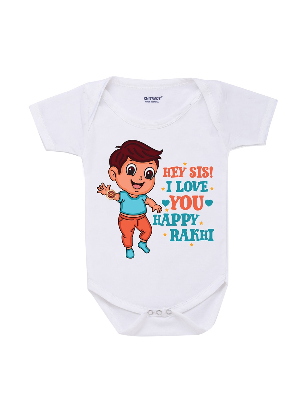 

KNITROOT Rakhi Collection Infant Boys White & Teal Blue Cotton Printed Bodysuit