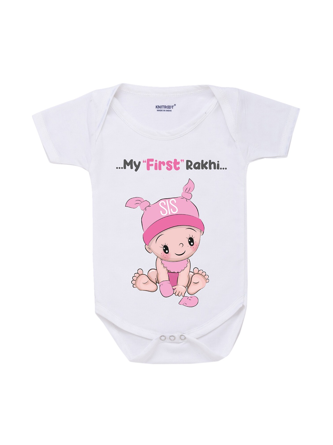 

KNITROOT Rakhi Collection Infant Girls White & Pink Cotton Printed Bodysuit