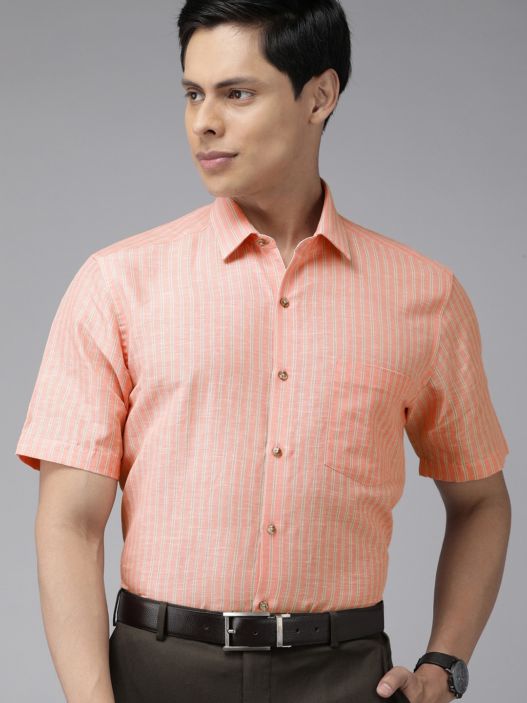 

Arrow Men Orange & Green Regular Fit Striped Formal Shirt