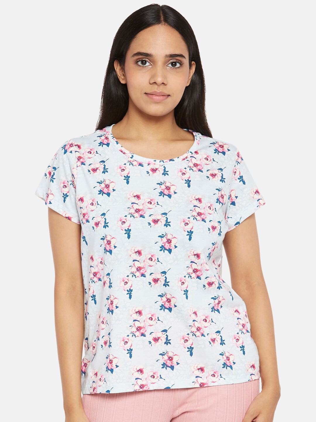 

Dreamz by Pantaloons Women Blue & Pink Floral Printed Cotton Lounge T-shirt