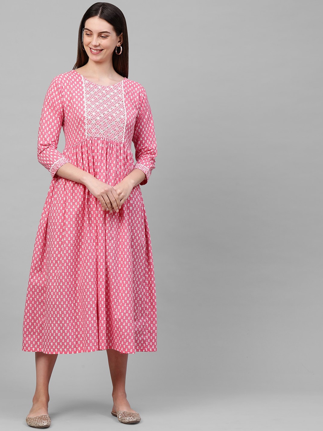 

FASHOR Pink Ethnic Motifs A-Line Midi Dress