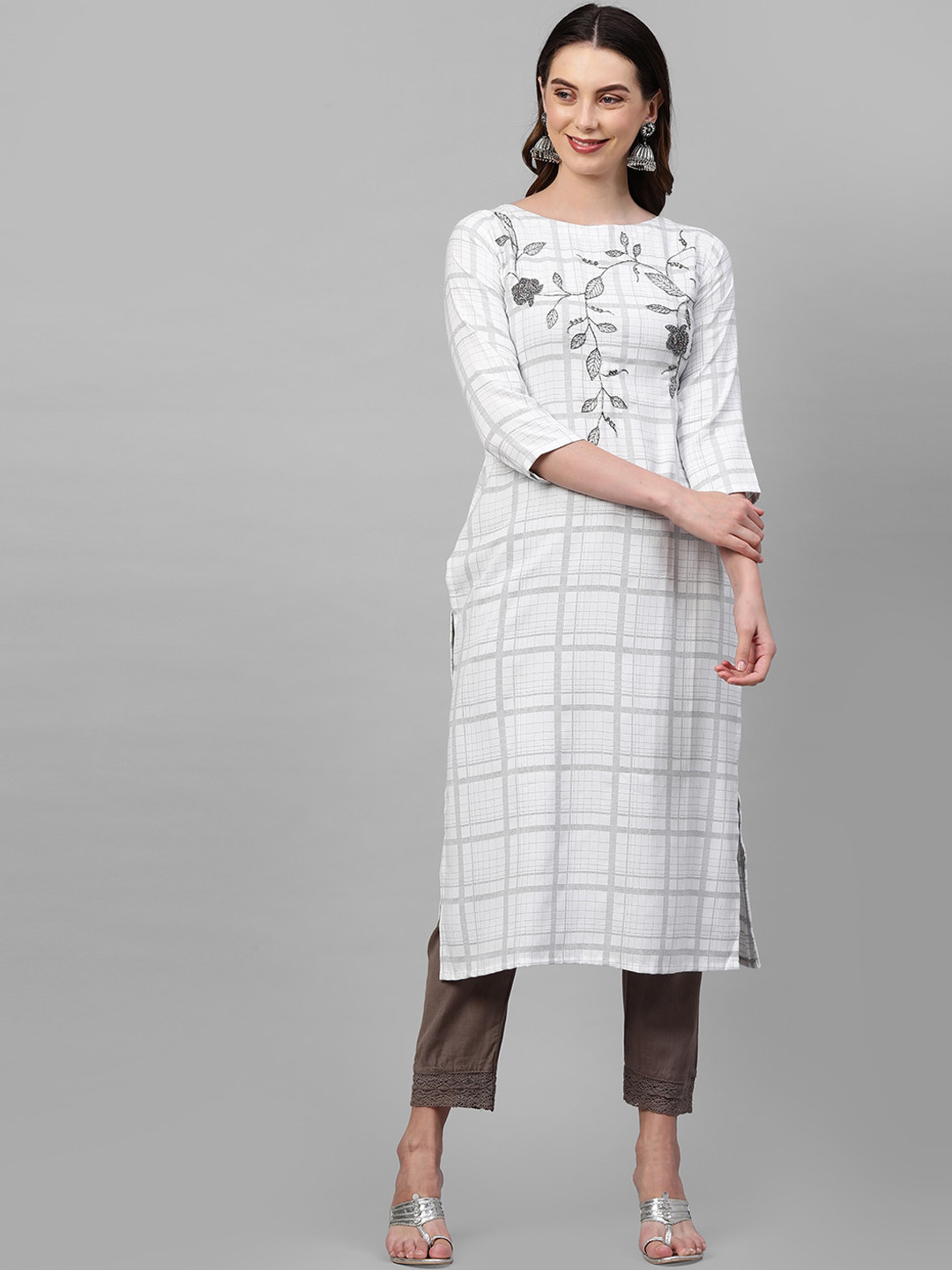 

FASHOR Women White & Grey Checked & Floral Hand Embroidered A-line Kurta