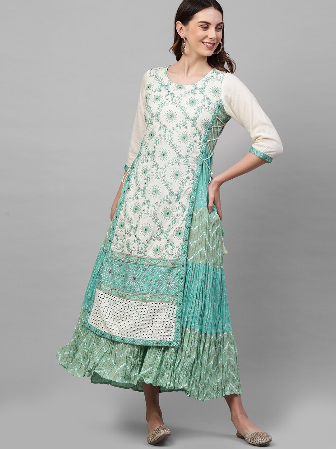 

FASHOR Green & Turquoise Blue Bandhani & Ethnic Motifs Printed Chiffon Layered Kurta Dress