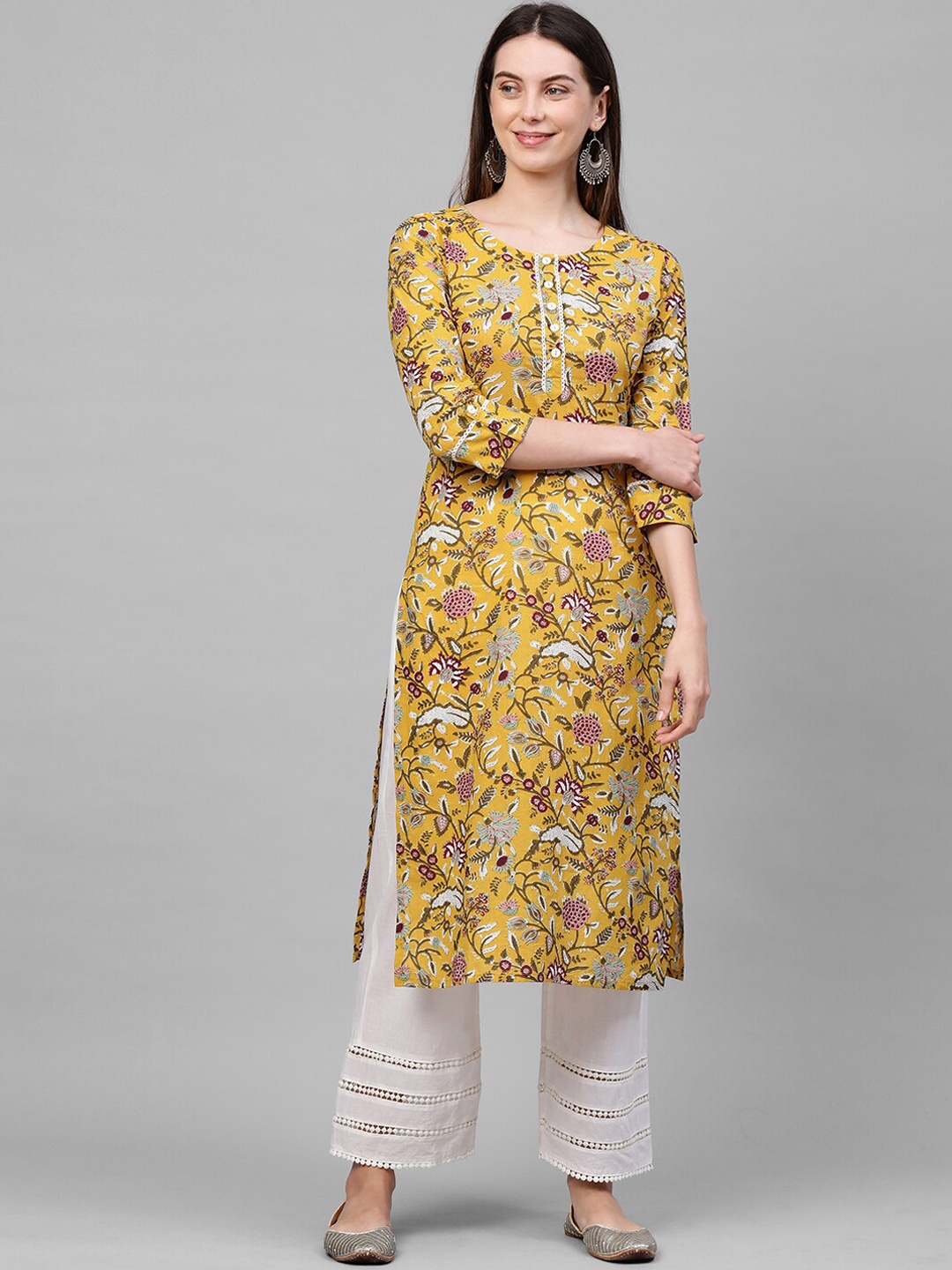

FASHOR Women Mustard Yellow Floral Printed Lace Work Straight Kurta
