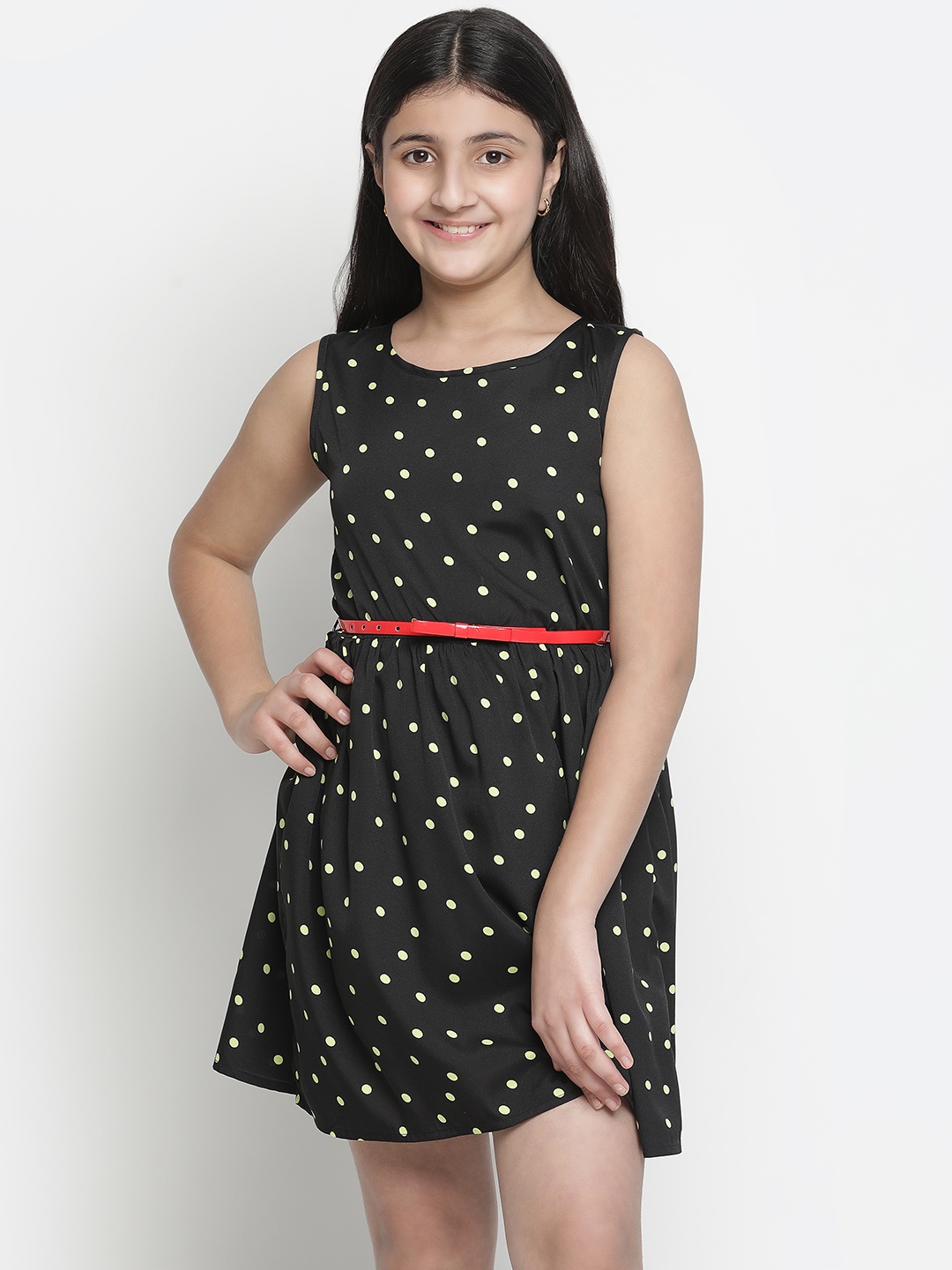 

Oxolloxo Girls Black & Off White Polka Dot Printed Satin Dress