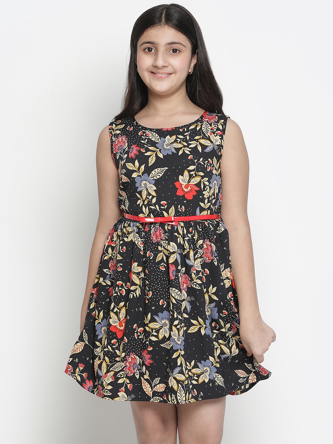 

Oxolloxo Girls Black & Red Floral Printed Satin Dress