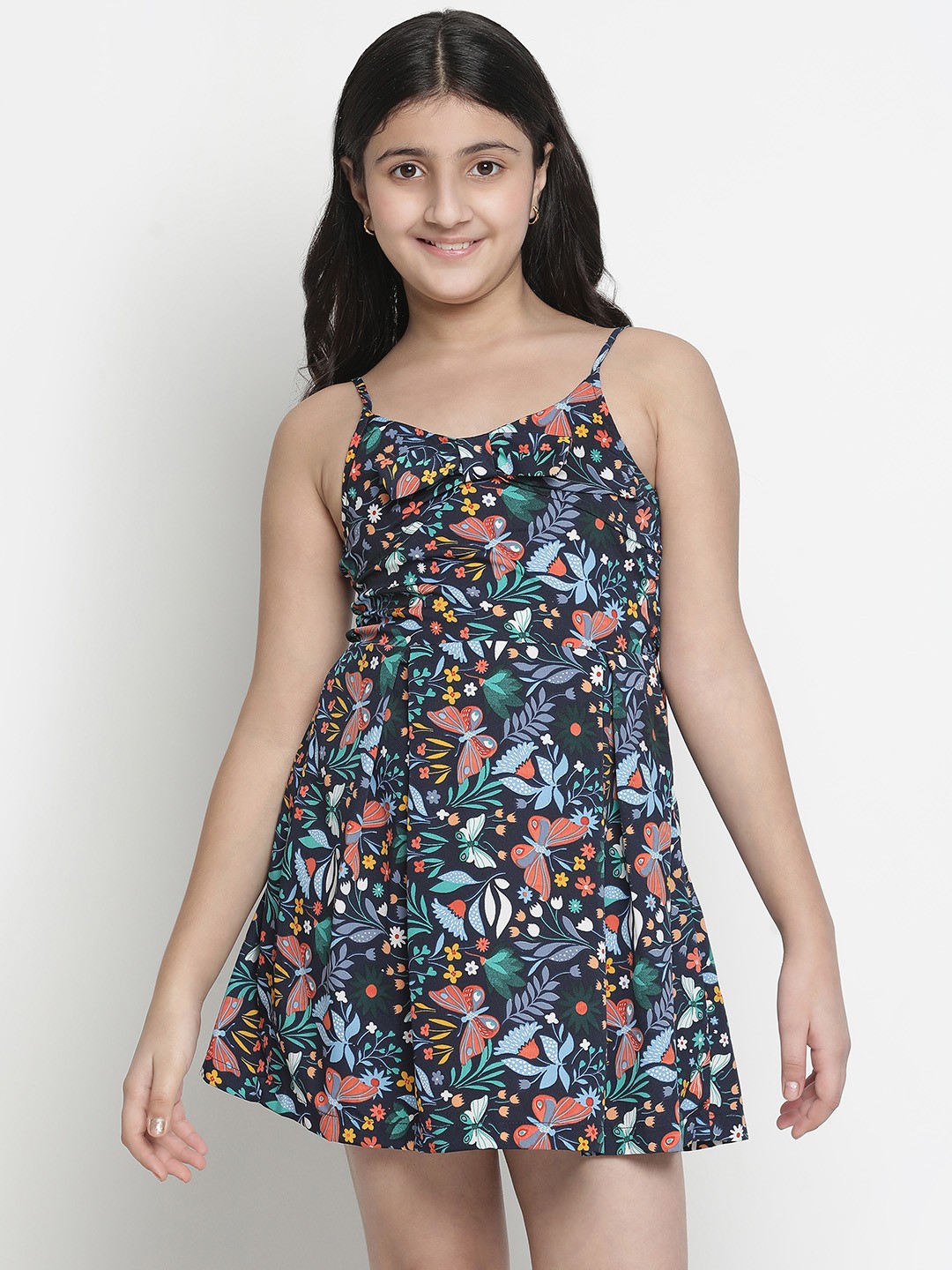 

Oxolloxo Girls Navy Blue & Pink Floral Satin Dress