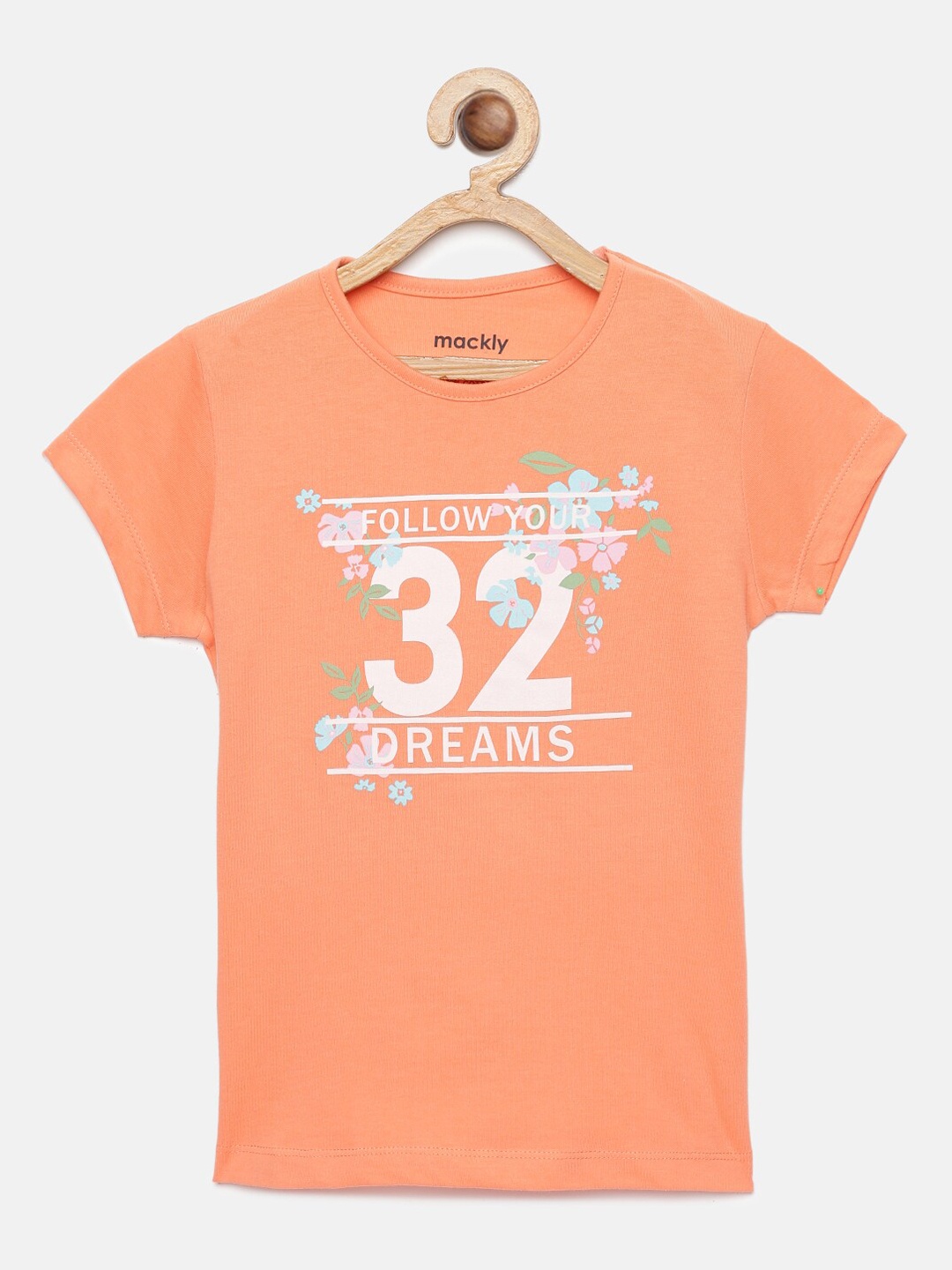 

mackly Girls Peach-Coloured Alphanumeric Printed Cotton Lounge T-Shirt