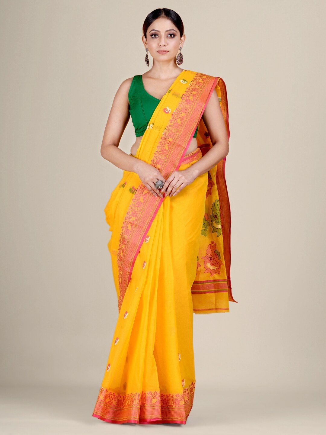 

Mitera Yellow & Pink Floral Pure Cotton Jamdani Saree