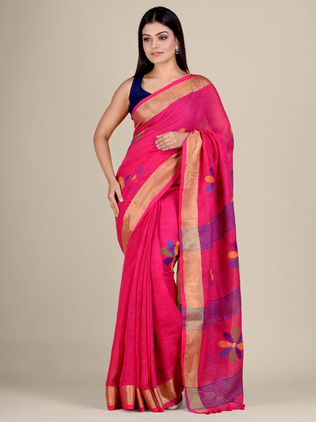 

Mitera Pink & Purple Floral Handwoven Linen Zari Jamdani Saree