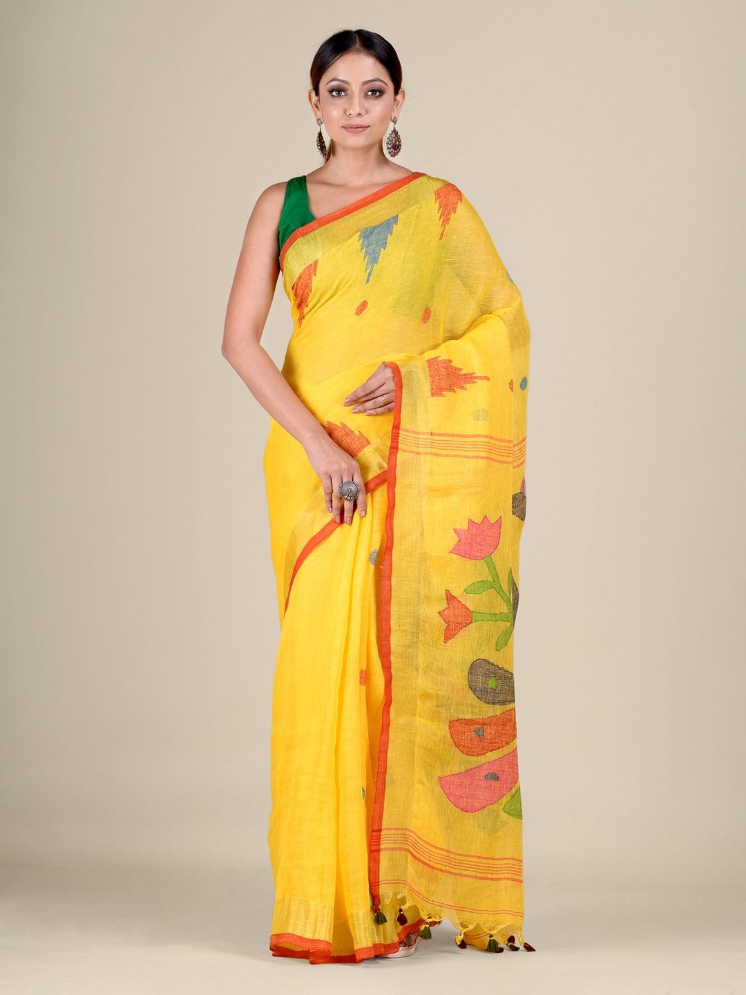 

Mitera Women Yellow & Multicoloured Pure Linen Jamdani Saree
