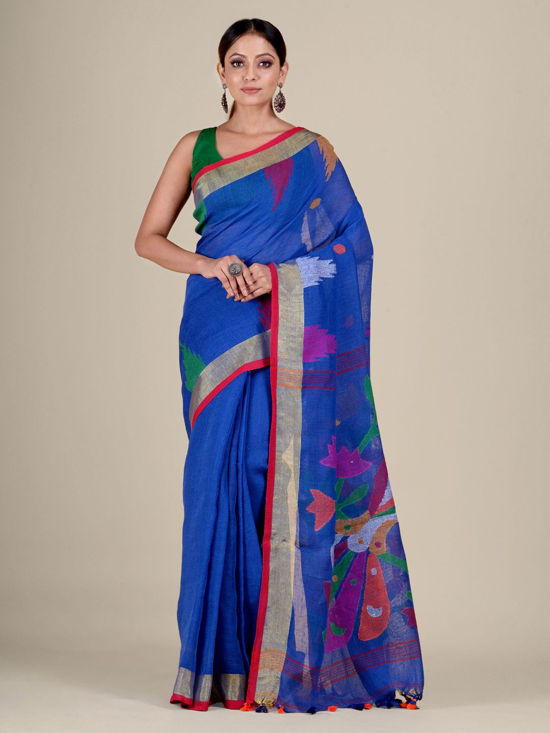 

Mitera Woman Blue & Pink Pure Linen Jamdani Saree