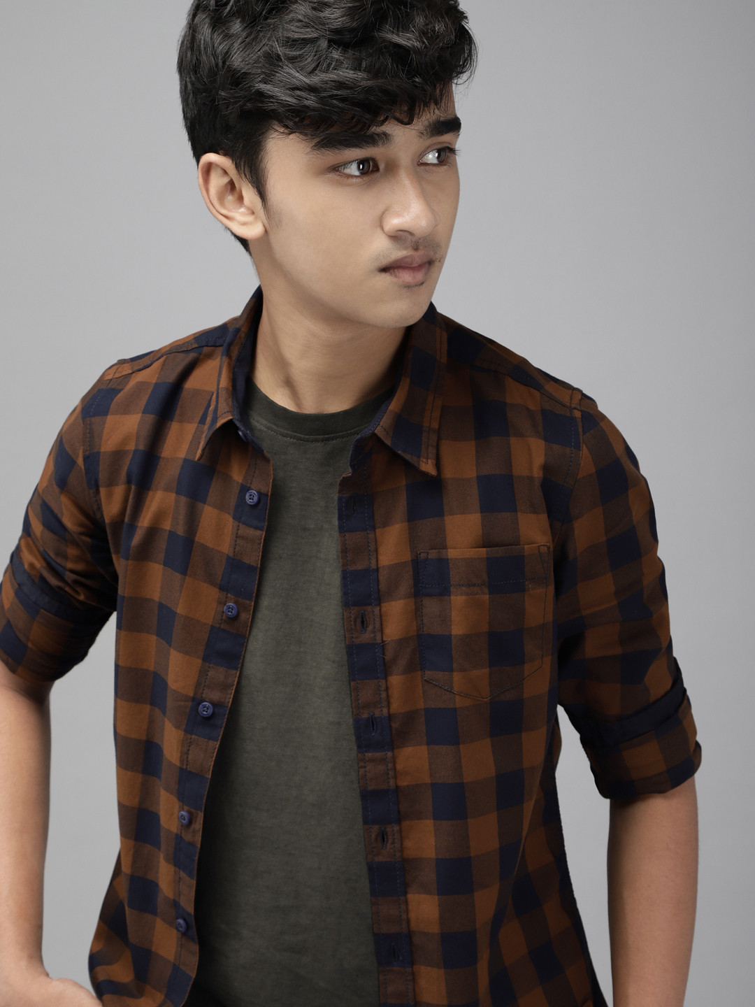 

UTH by Roadster Boys Coffee Brown Gingham Checks Opaque Pure Cotton Casual Shirt