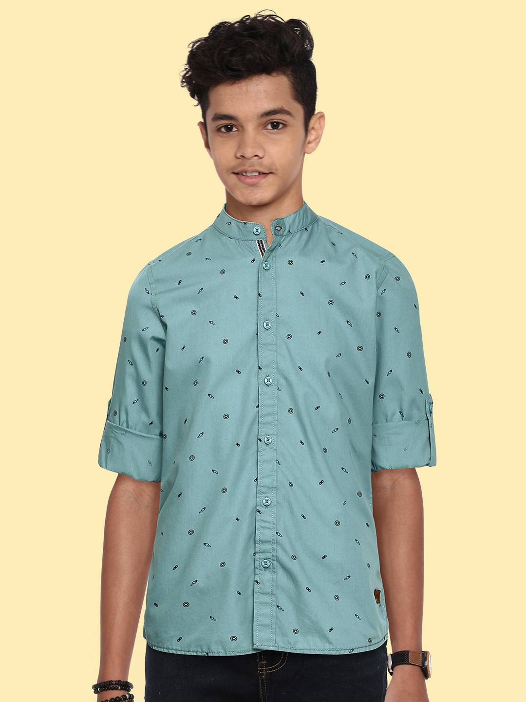 

UTH by Roadster Boys Teal Green Opaque Printed Pure Cotton Casual Shirt