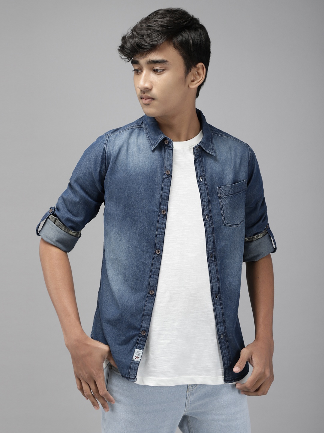 

UTH by Roadster Boys Blue Opaque Faded Pure Cotton Denim Casual Shirt