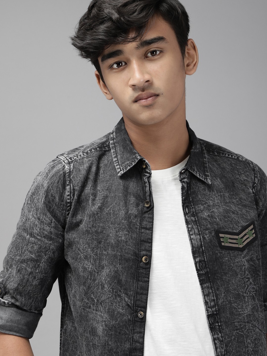 

UTH by Roadster Boys Charcoal Grey Pure Cotton Denim Casual Shirt
