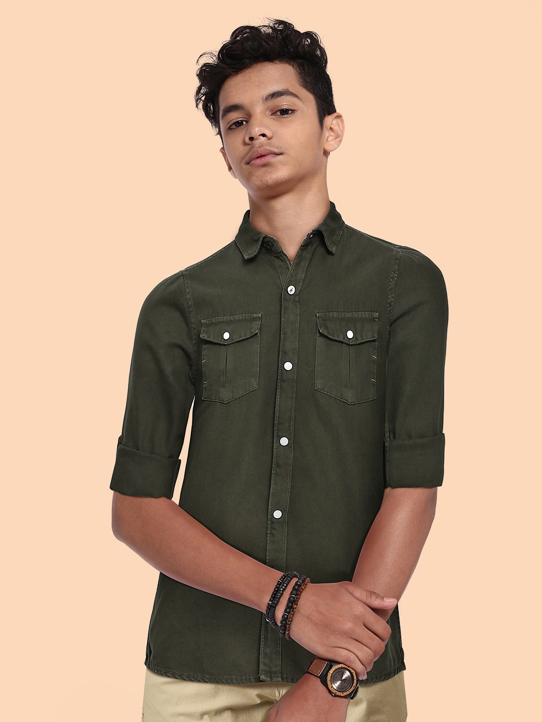 

UTH by Roadster Boys Olive Green Pure Cotton Casual Shirt