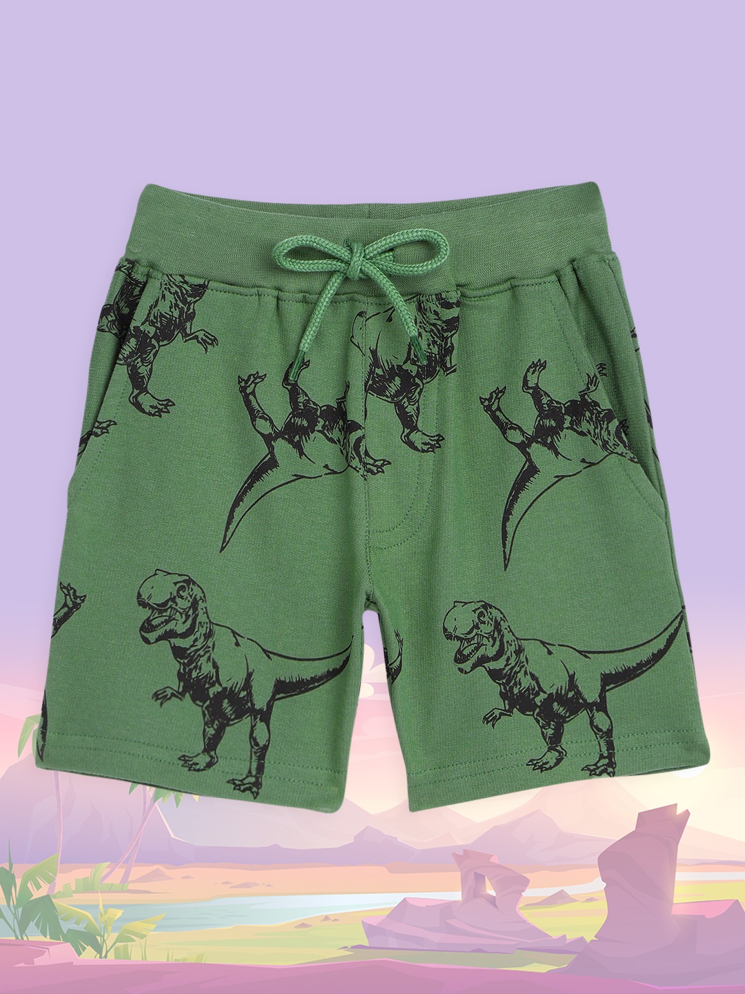 

HERE&NOW Boys Olive Green & Black Printed Pure Cotton Regular Shorts