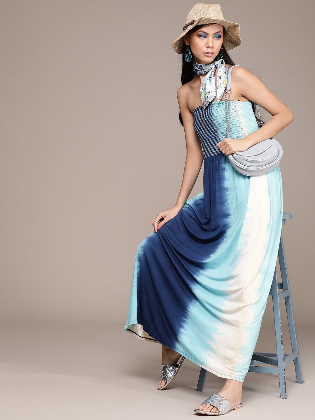 

Label Ritu Kumar Blue & Off White Tie and Dye Smocked Maxi Dress