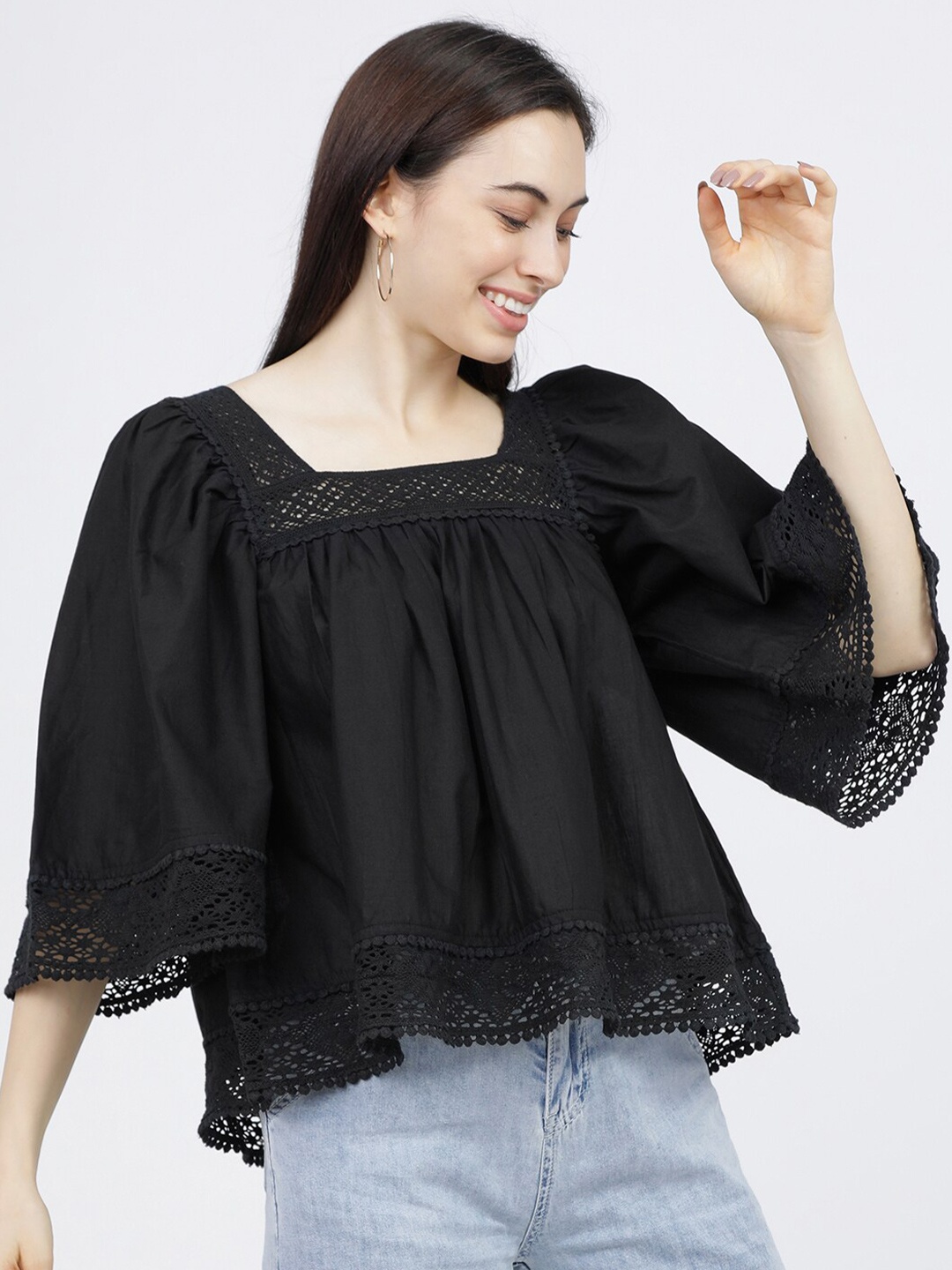 

Tokyo Talkies Black Flared Sleeve A-Line Lace Top