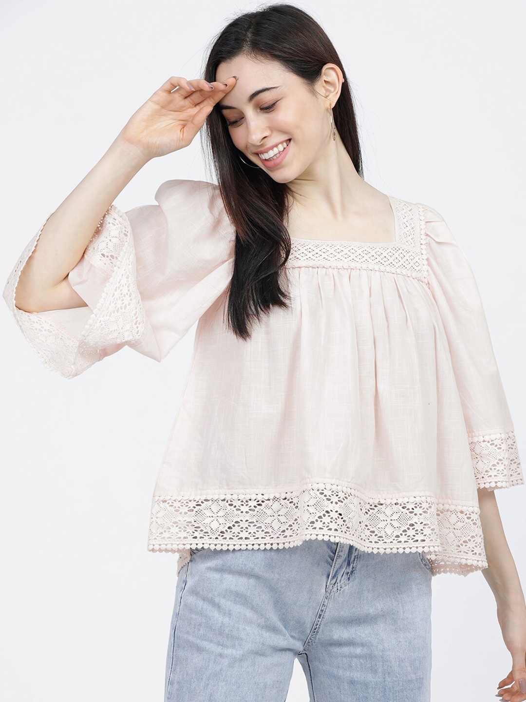 

Tokyo Talkies Peach-Coloured Flared Sleeve A-Line Lace Top